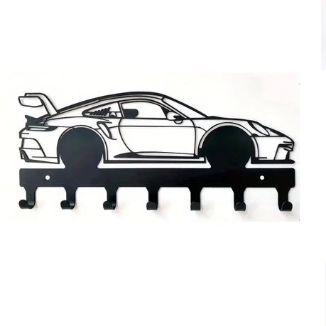 7-Hook Super Car Key Holder - Wall Mounted Black Metal Key Rack